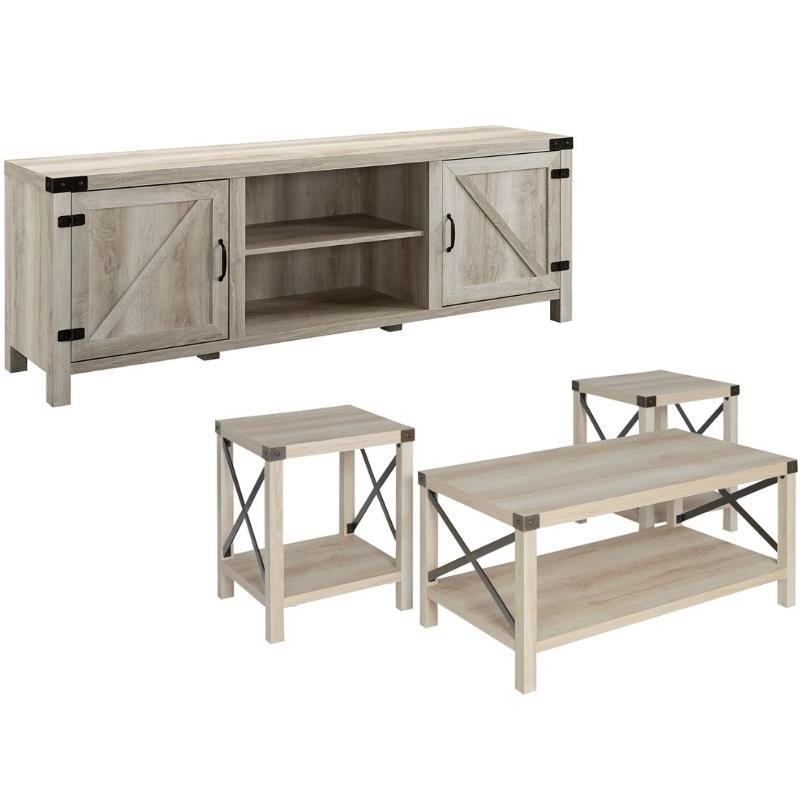 4 Pieces Metal Barn Door TV Stand Coffee Table and 2 End Table Set in White Oak