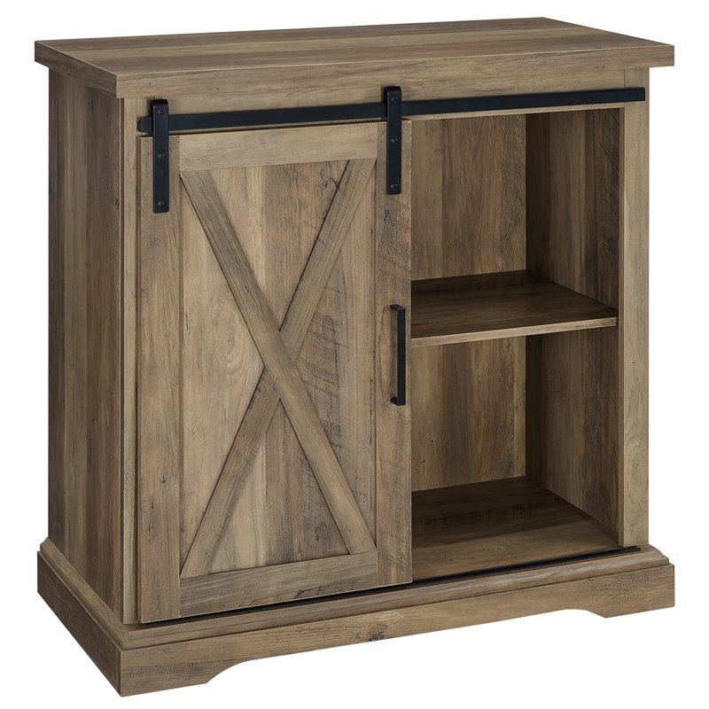 2 Piece Sliding Barn Door TV Stand Console and Buffet Cabinet Set in Rustic Oak