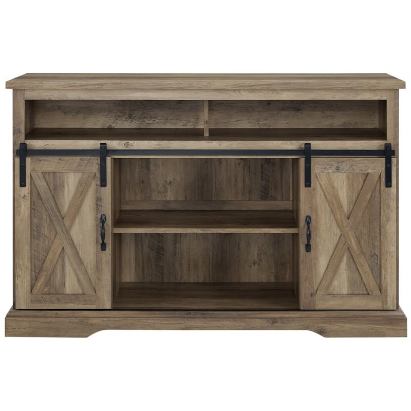 2 Piece Sliding Barn Door TV Stand Console and Buffet Cabinet Set in Rustic Oak