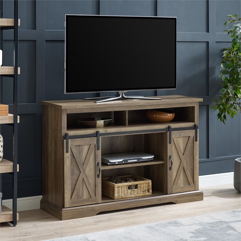 2 Piece Sliding Barn Door TV Stand Console and Buffet Cabinet Set in Rustic Oak