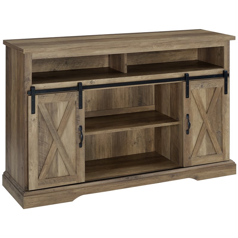 2 Piece Sliding Barn Door TV Stand Console and Buffet Cabinet Set in Rustic Oak
