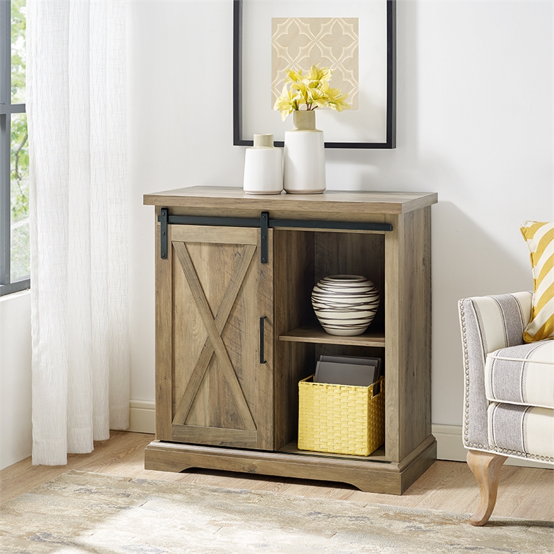 2 Piece Sliding Barn Door TV Stand Console and Buffet Cabinet Set in Rustic Oak