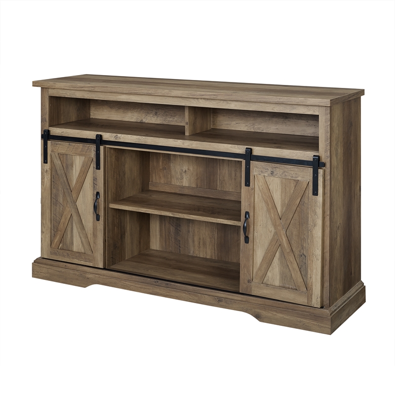 2 Piece Sliding Barn Door TV Stand Console and Buffet Cabinet Set in Rustic Oak