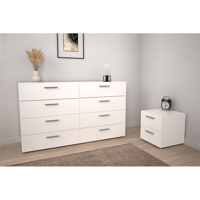 Home Square 3 Piece Double Dresser and Nightstand Bedroom Set in White