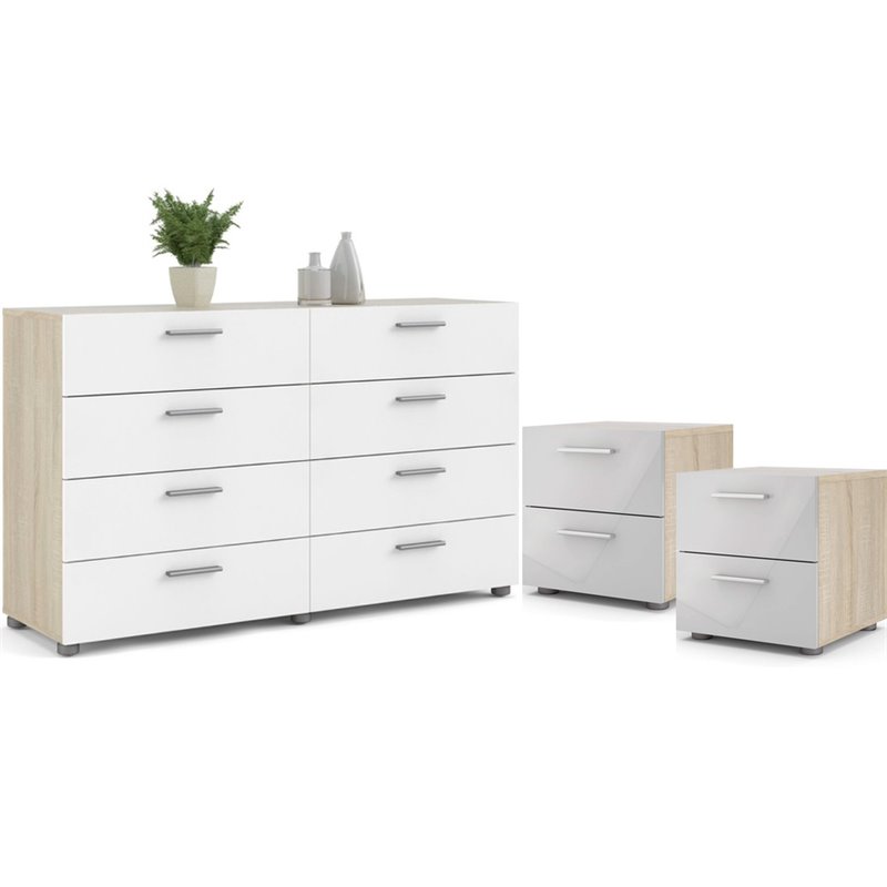 3PC Set Engineered Wood 2 Nightstands and 1 Double Dresser in Oak and White