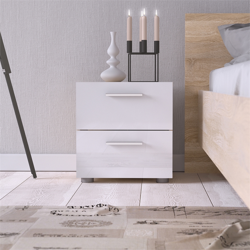 3PC Set with 1 Nightstand 1 Chest and 1 Double Dresser in Oak and White Gloss