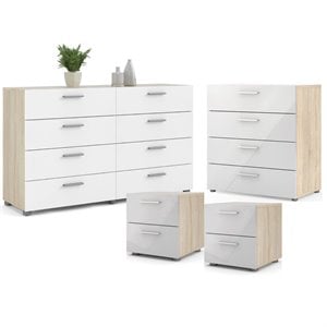 4PC Set Engineered Wood 2 Nightstands 1 Double Dresser & 1 Chest in Oak & White