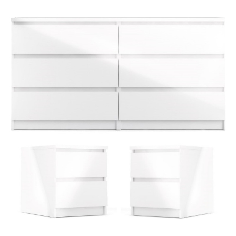 3PC Set Engineered Wood with 2 Nightstands and 1 Double Dresser in White Gloss