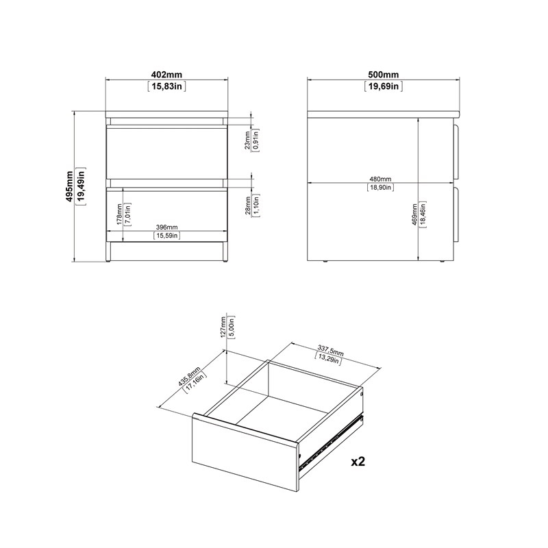 3PC Set Engineered Wood with 2 Nightstands and 1 Double Dresser in White Gloss