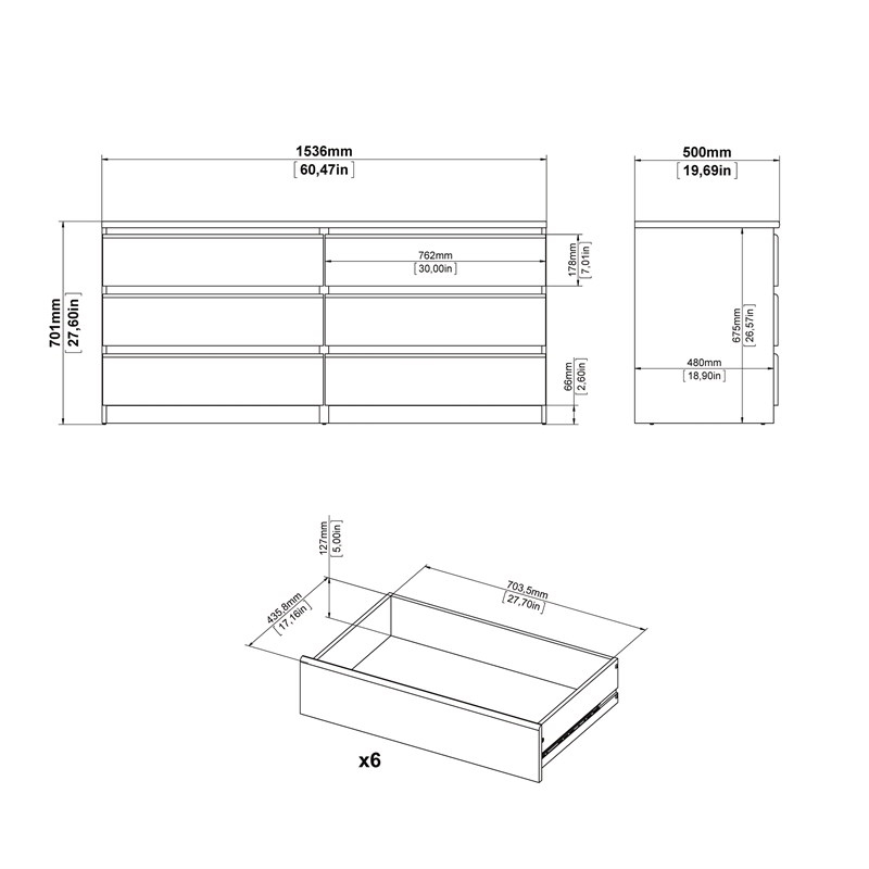 3PC Set Engineered Wood with 2 Nightstands and 1 Double Dresser in White Gloss