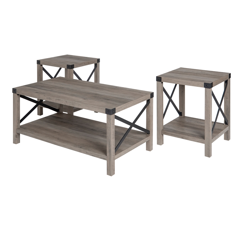 Farmhouse Fireplace TV Stand with Coffee Table and 2 End Table Set in Gray Wash