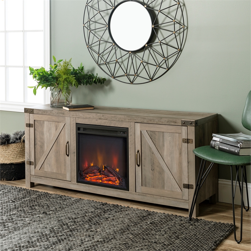Farmhouse Fireplace TV Stand with Coffee Table and 2 End Table Set in Gray Wash