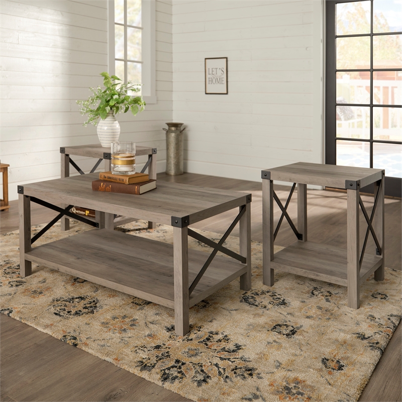 Farmhouse Fireplace TV Stand with Coffee Table and 2 End Table Set in Gray Wash