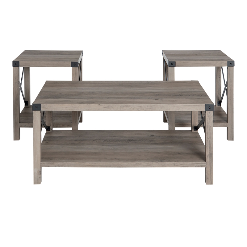 Farmhouse Fireplace TV Stand with Coffee Table and 2 End Table Set in Gray Wash