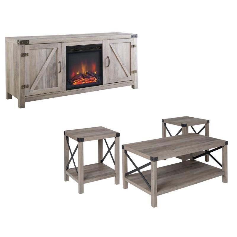 Farmhouse Fireplace TV Stand with Coffee Table and 2 End Table Set in Gray Wash
