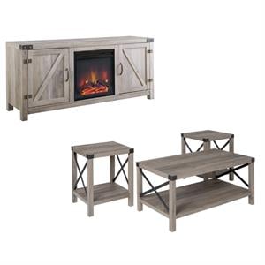 Farmhouse Fireplace TV Stand with Coffee Table and 2 End Table Set in Gray Wash