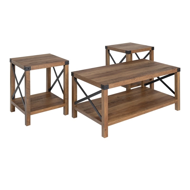 Farmhouse Fireplace TV Stand with Coffee Table and 2 End Tables Set in Barnwood