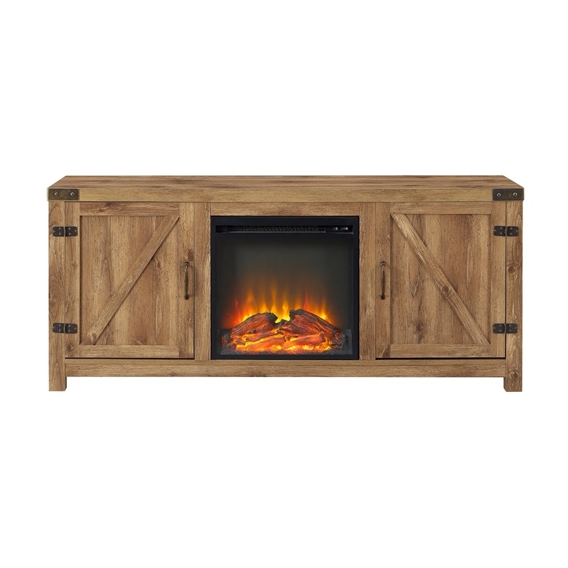 Farmhouse Fireplace TV Stand with Coffee Table and 2 End Tables Set in Barnwood