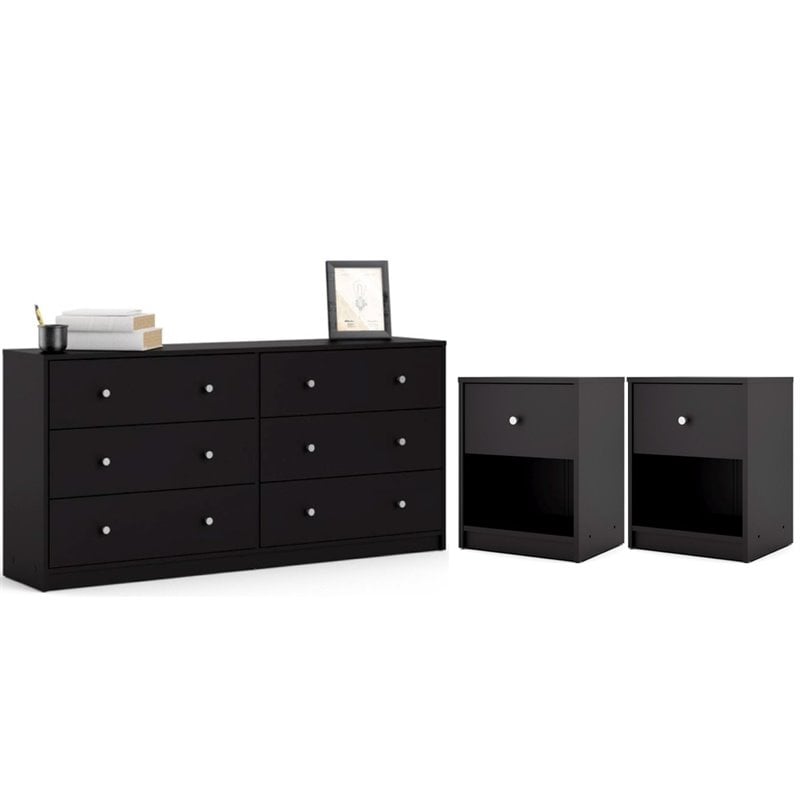3 Pieces Modern Engineered Wood Dresser and Nightstands Bedroom Set in Black