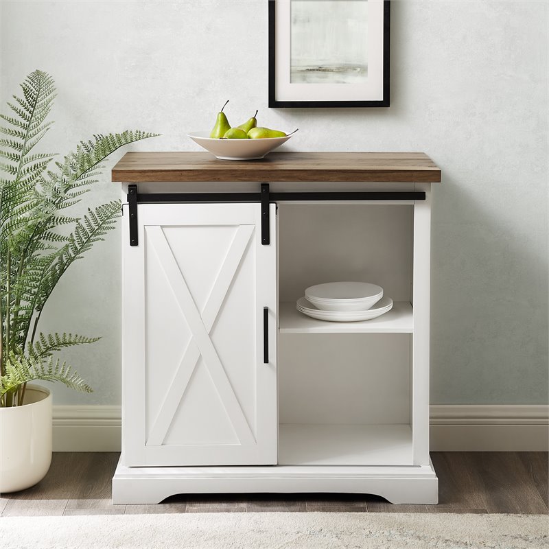 2 Piece Farmhouse Barn Door TV Stand and Buffet Table Set in White