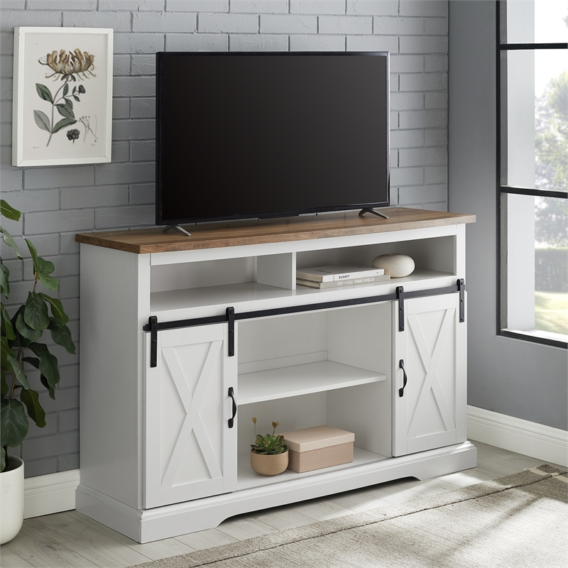 2 Piece Farmhouse Barn Door TV Stand and Buffet Table Set in White