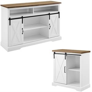 2 Piece Farmhouse Barn Door TV Stand and Buffet Table Set in White