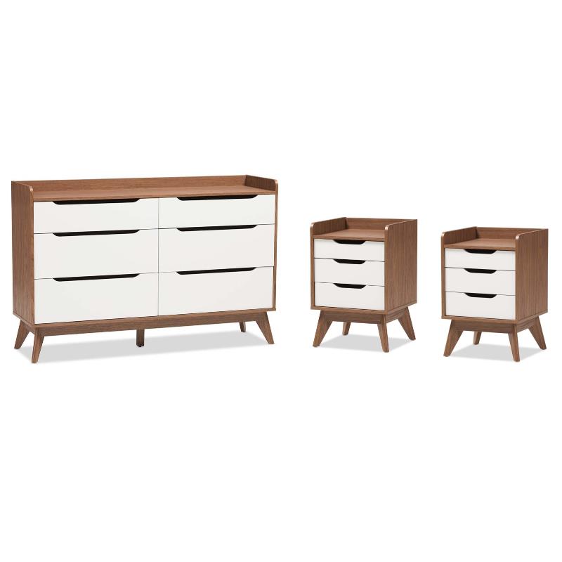 Home Square 3 Piece Modern Dresser and Nightstand Set in White and Walnut