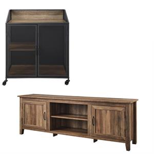 Home Square 2 Piece Living Room Set with 70&quot TV Stand and Bar Cabinet in Oak