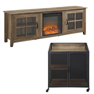 Home Square 2 Piece Set with 70&quot Fireplace TV Stand and Bar Cabinet in Oak