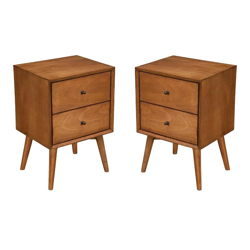 Home Square Mid Century 2 Drawer Wood Nightstand in Acorn Brown ( Set of 2 )