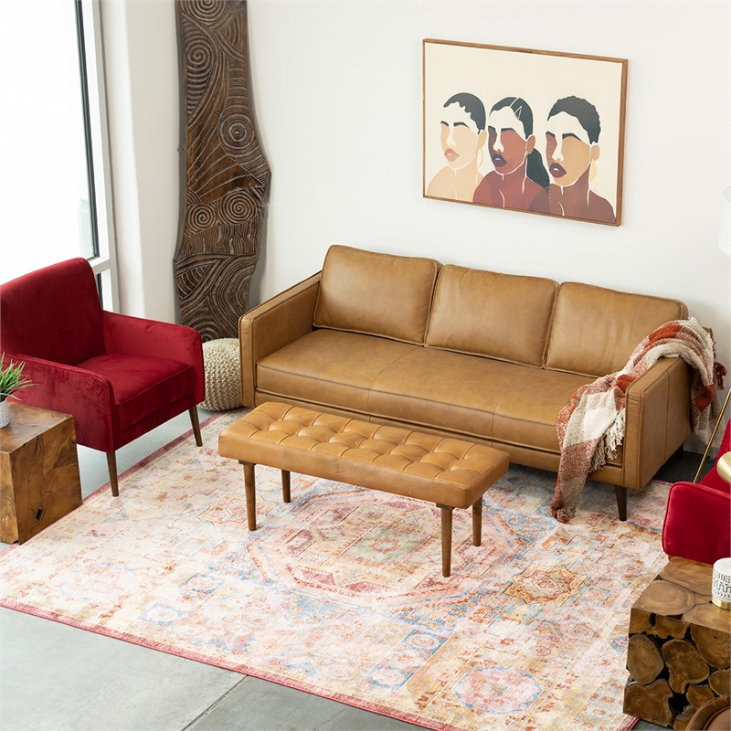 Home Square 2 Piece Benji Genuine Leather Bench Set in Cognac/Tan Brown