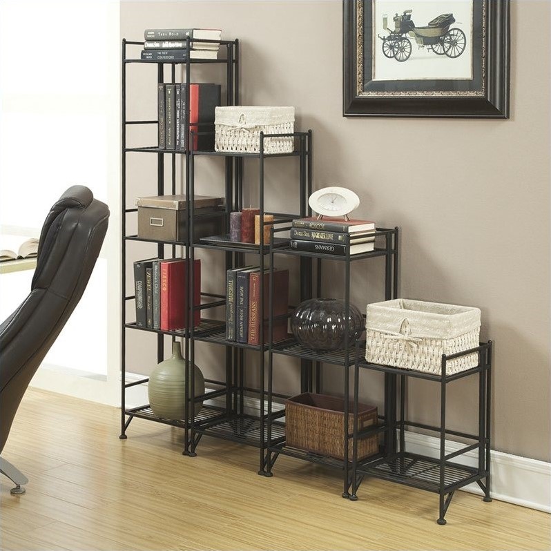 Home Square XTRA-Storage 4 Tier Folding Shelf Set in Black (Set of 2)