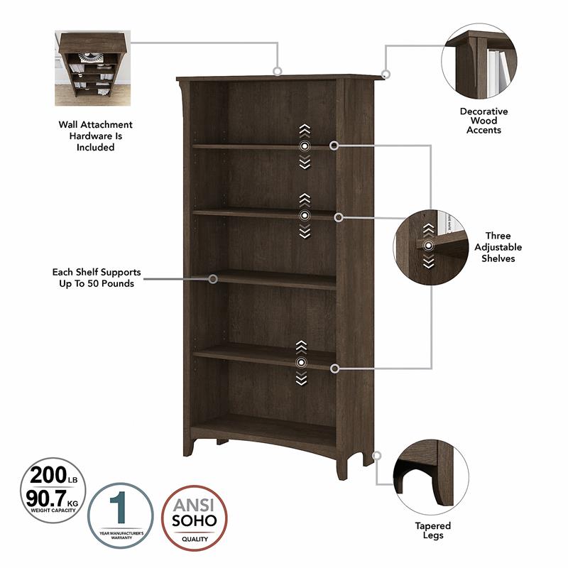 Home Square 5 Shelf Wood Bookcase Set in Ash Brown (Set of 2)