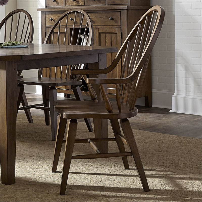 Home Square 2 Piece Windsor Back Wood Dining Arm Chair Set in Rustic Oak