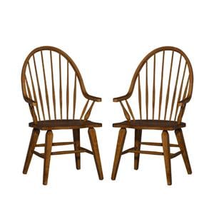 Home Square 2 Piece Windsor Back Wood Dining Arm Chair Set in Rustic Oak