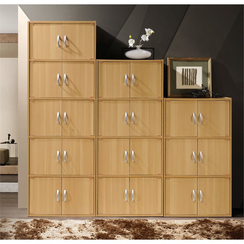 Home Square 3 Shelf 6 Door Multi-Purpose Wooden Bookcase Set in Beige (Set of 2)