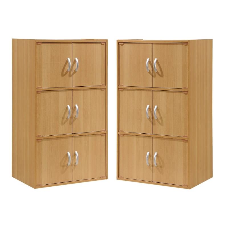 Home Square 3 Shelf 6 Door Multi-Purpose Wooden Bookcase Set in Beige (Set of 2)