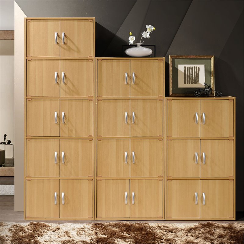 Home Square 4 Shelf 8 Door Wood Bookcase Cabinet Set in Beige (Set of 2)
