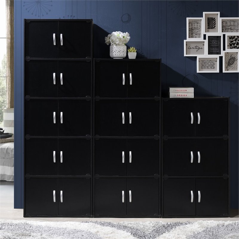 Home Square 3 Shelf 6 Door Wooden Bookcase Set in Black (Set of 2)