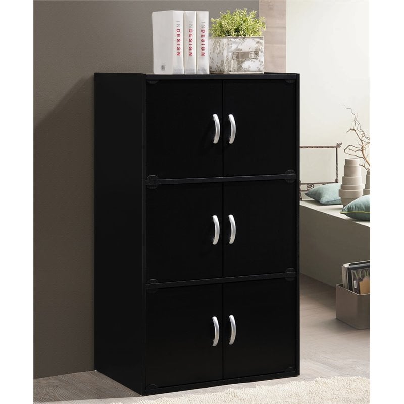 Home Square 3 Shelf 6 Door Wooden Bookcase Set in Black (Set of 2)