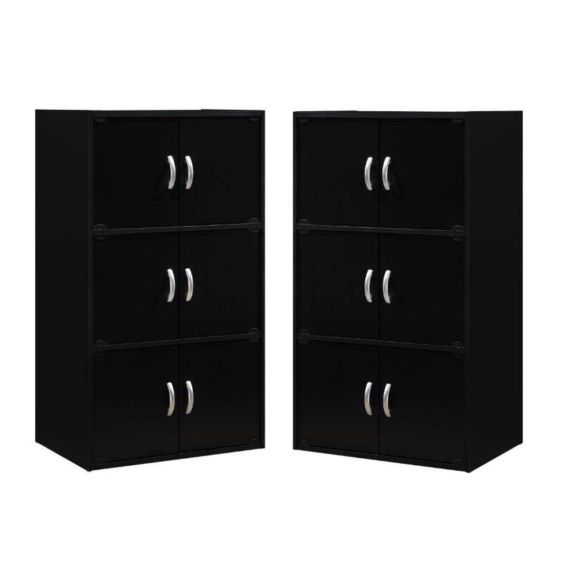 Home Square 3 Shelf 6 Door Wooden Bookcase Set in Black (Set of 2)