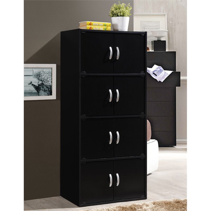 Home Square 4 Shelf 8 Door Wooden Bookcase Cabinet Set in Black (Set of 2)