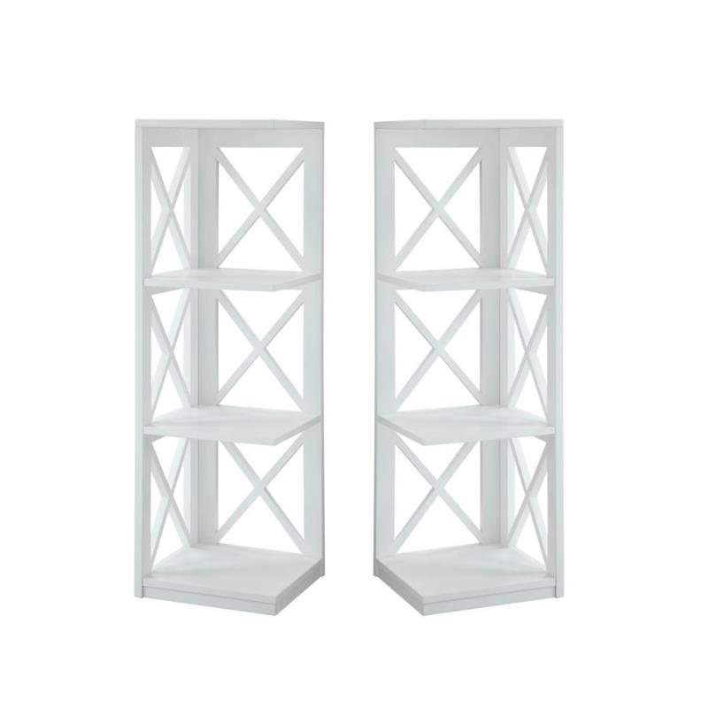 Home Square 3 Shelf Wood Corner Bookcase Set in White (Set of 2)