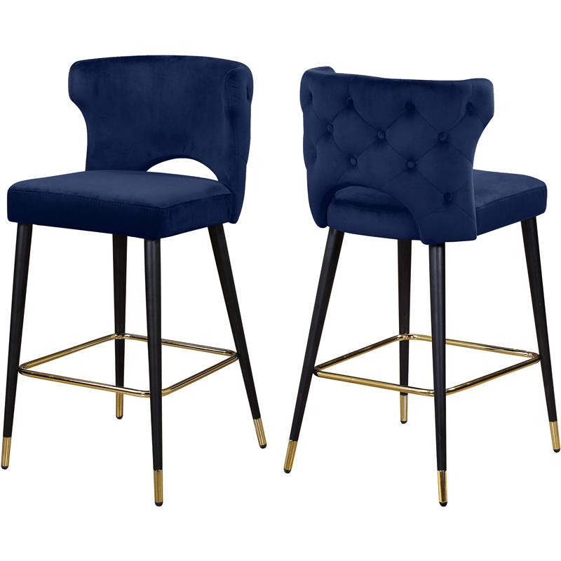 Home Square 2 Piece Upholstered Velvet Bar Stool Set in Navy