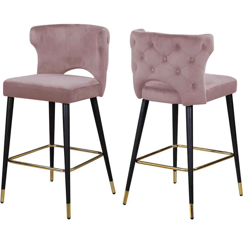 Home Square 2 Piece Upholstered Velvet Bar Stool Set in Pink
