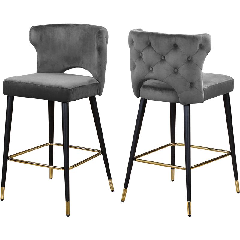Home Square 2 Piece Upholstered Velvet Bar Stool Set in Gray
