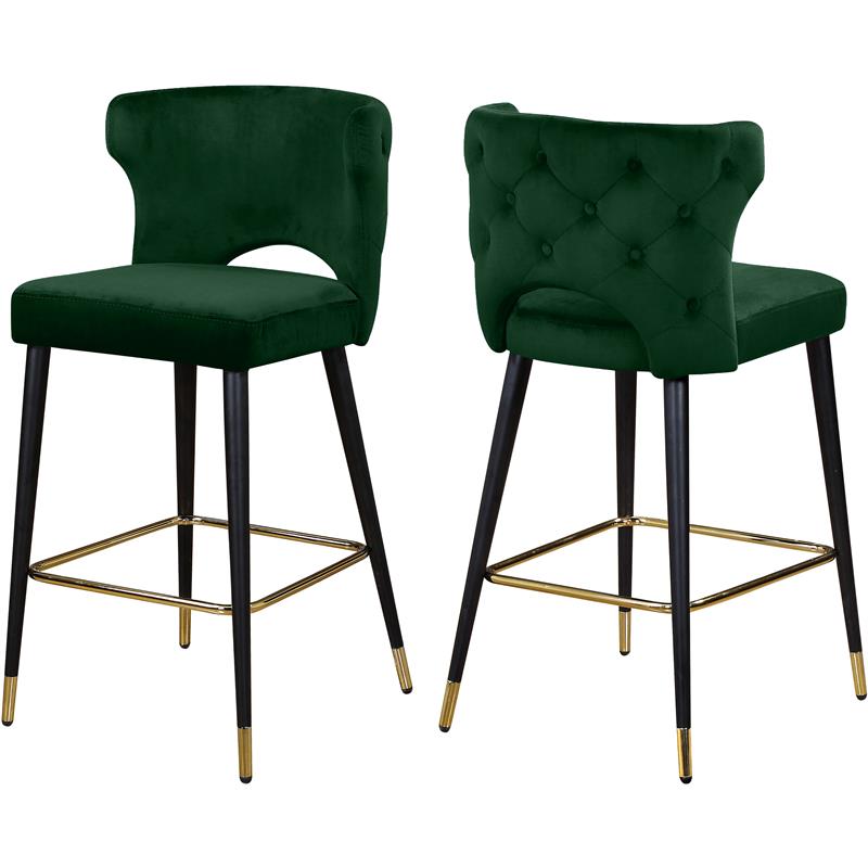 Home Square 2 Piece Upholstered Velvet Bar Stool Set in Green