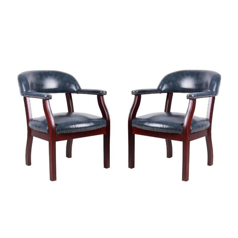 Home Square 2 Piece Upholstered Leather Captains Chair Set in Blue and Mahogany