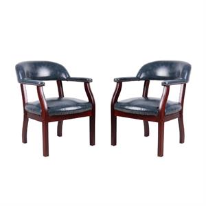 Home Square 2 Piece Upholstered Leather Captains Chair Set in Blue and Mahogany