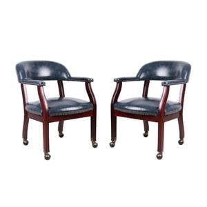 Home Square 2 Piece Casters Captains Chair Set in Blue and Mahogany
